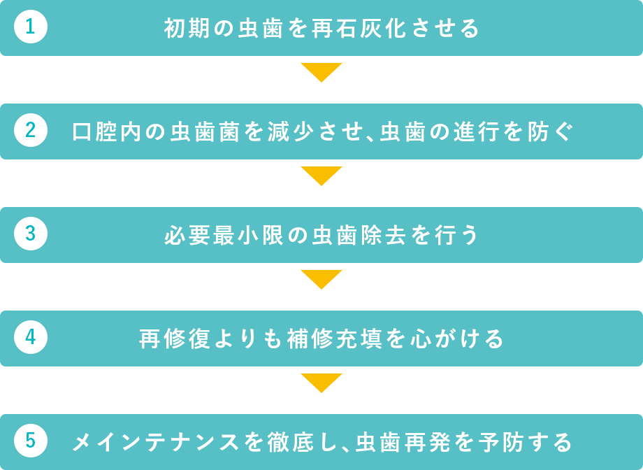 1.初期の虫歯を再石灰化させる　2.口腔内の虫歯菌を減少させ、虫歯の進行を防ぐ　3.必要最小限の虫歯除去を行う　4.再修復よりも補修充填を心がける　5.メインテナンスを徹底し、虫歯再発を予防する